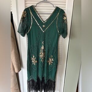 20s Flapper Elegant Green and Gold Embellished Dress